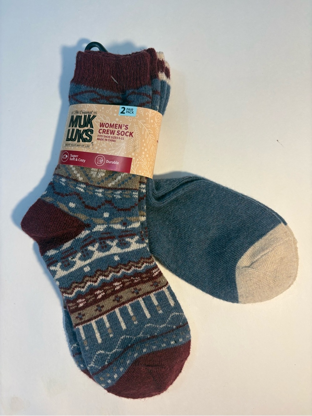 NWT Cozy Muk Luks Womens Crew Socks 2 pack Winter Blue & Burgundy Shoe Sz 6-11